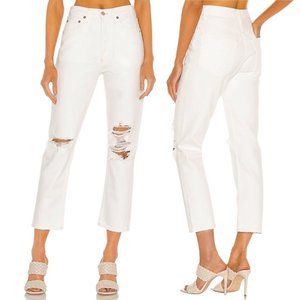 Agolde White Straight Leg Jeans with Distressed Details
